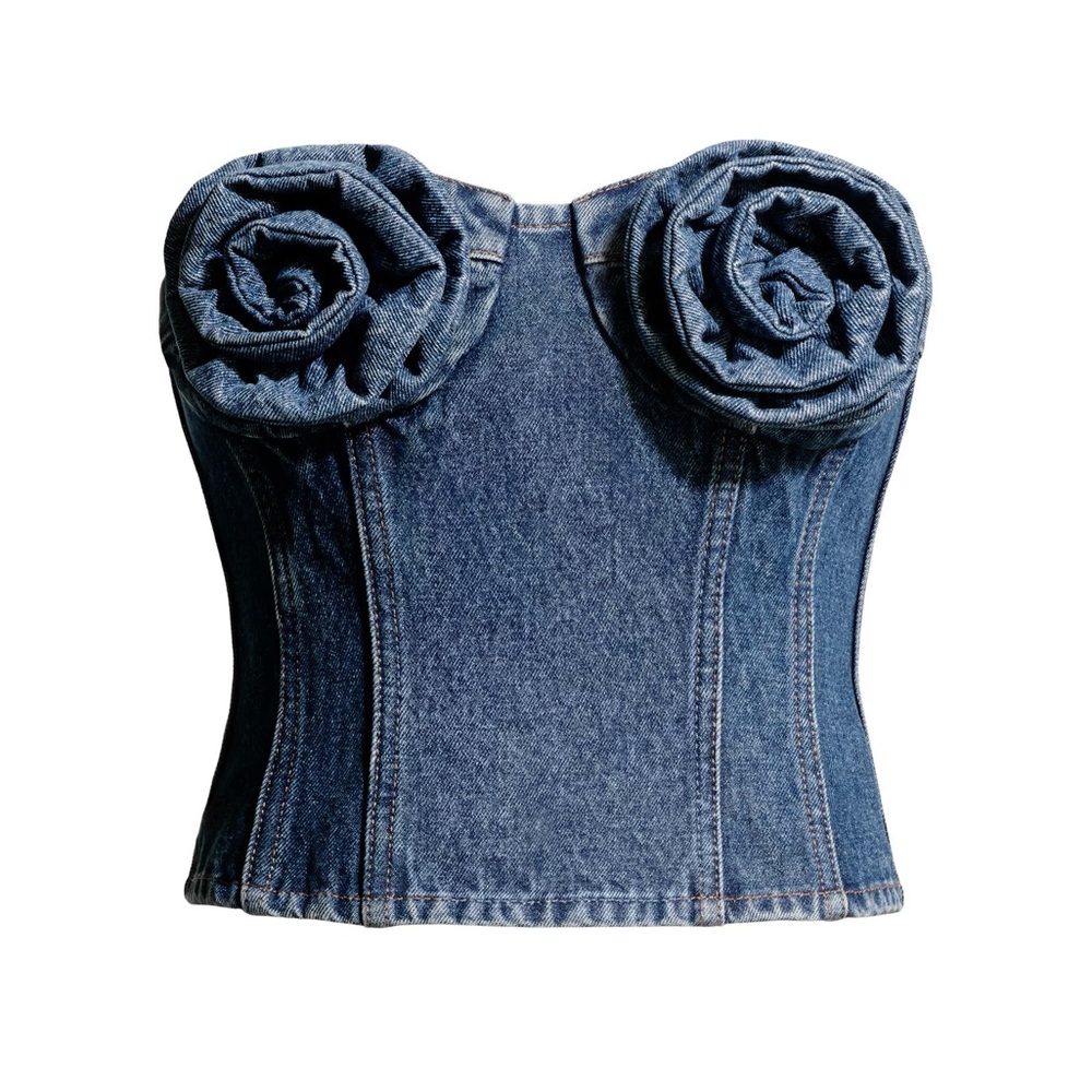 MAGDA BUTRYM x H&M Denim Bustier Top with Rose Appliqués, NWT Size XL